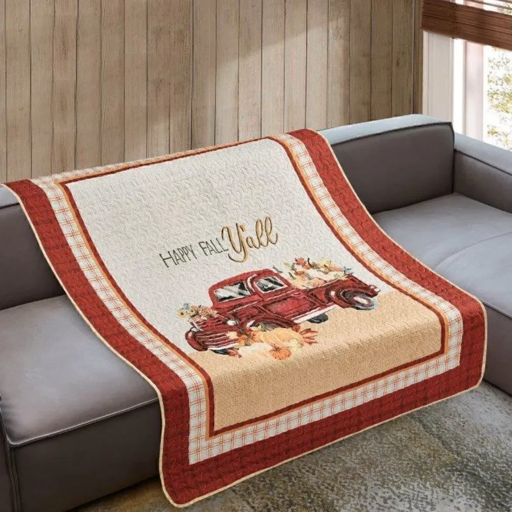 Farmhouse Fall Red Truck Quilted Throw Blanket Autumn Pumpkin Thanksgiving